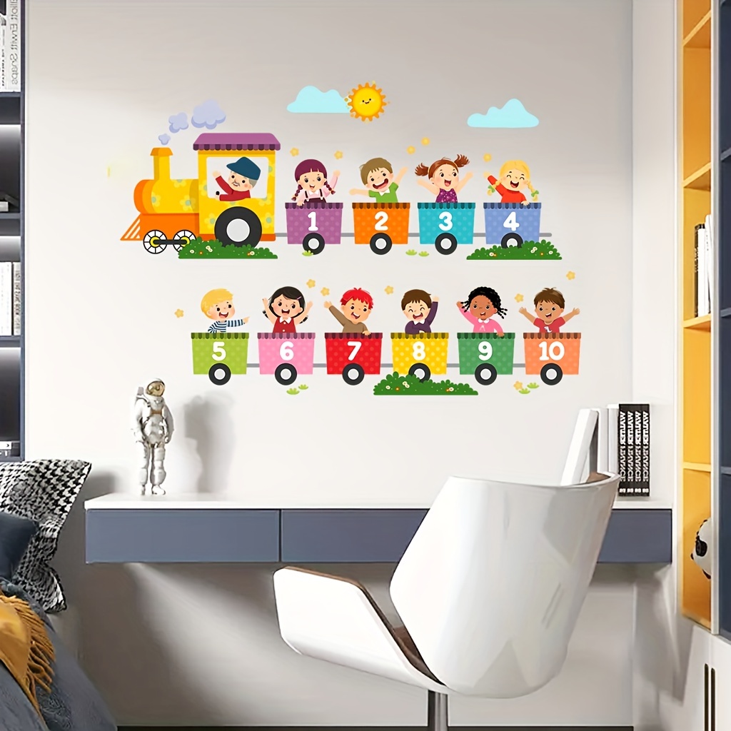Home One Bathroom - 2 stuks kleurrijke educatieve digitale trein-cartoonmuurstickers,
