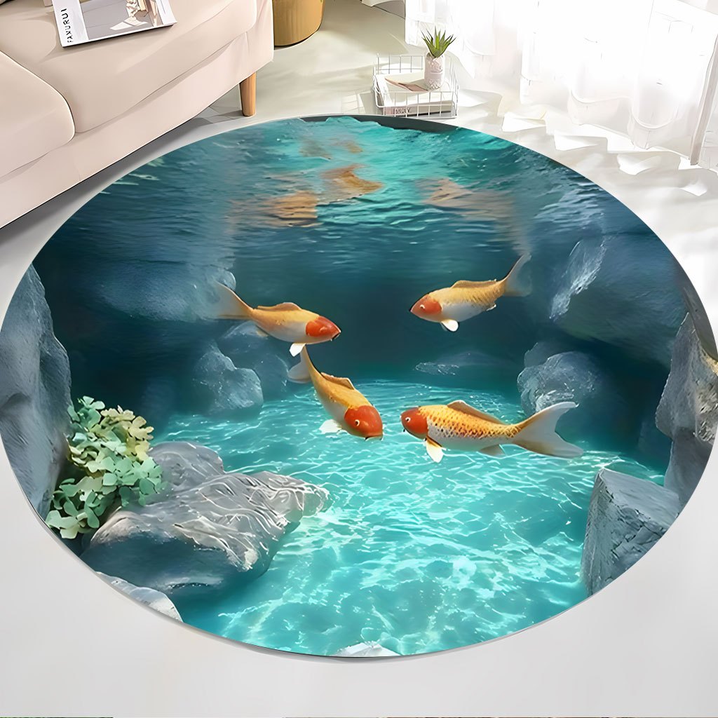 Home Bathroom Scene - Koi Fish Pond Ronde Rug Fleece